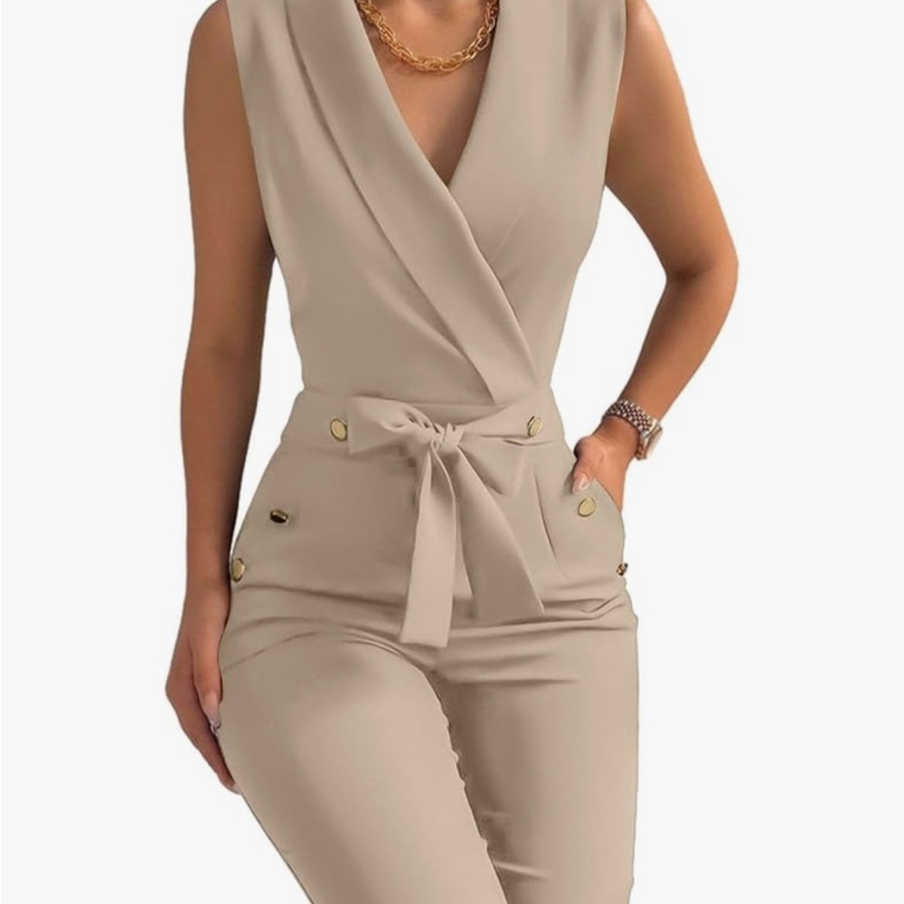 Sleeveless V‑Neck Tie‑Waist Jumpsuit in Light Beige